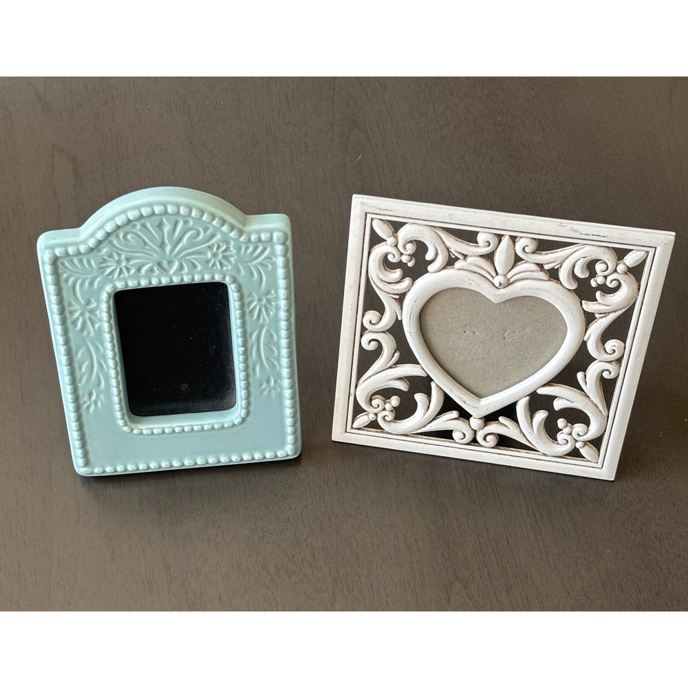Vintage Style Small Picture Frame Set Blue Ceramic & White Heart Metal Scroll